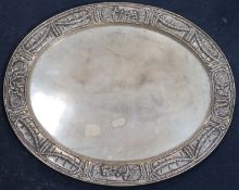 An early 20th century German 800 standard white metal oval serving platter, 52.5cm, 56oz.