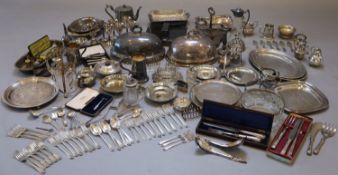 A collection of assorted plated wares, including two meat dish covers, an Old Sheffield plate salver