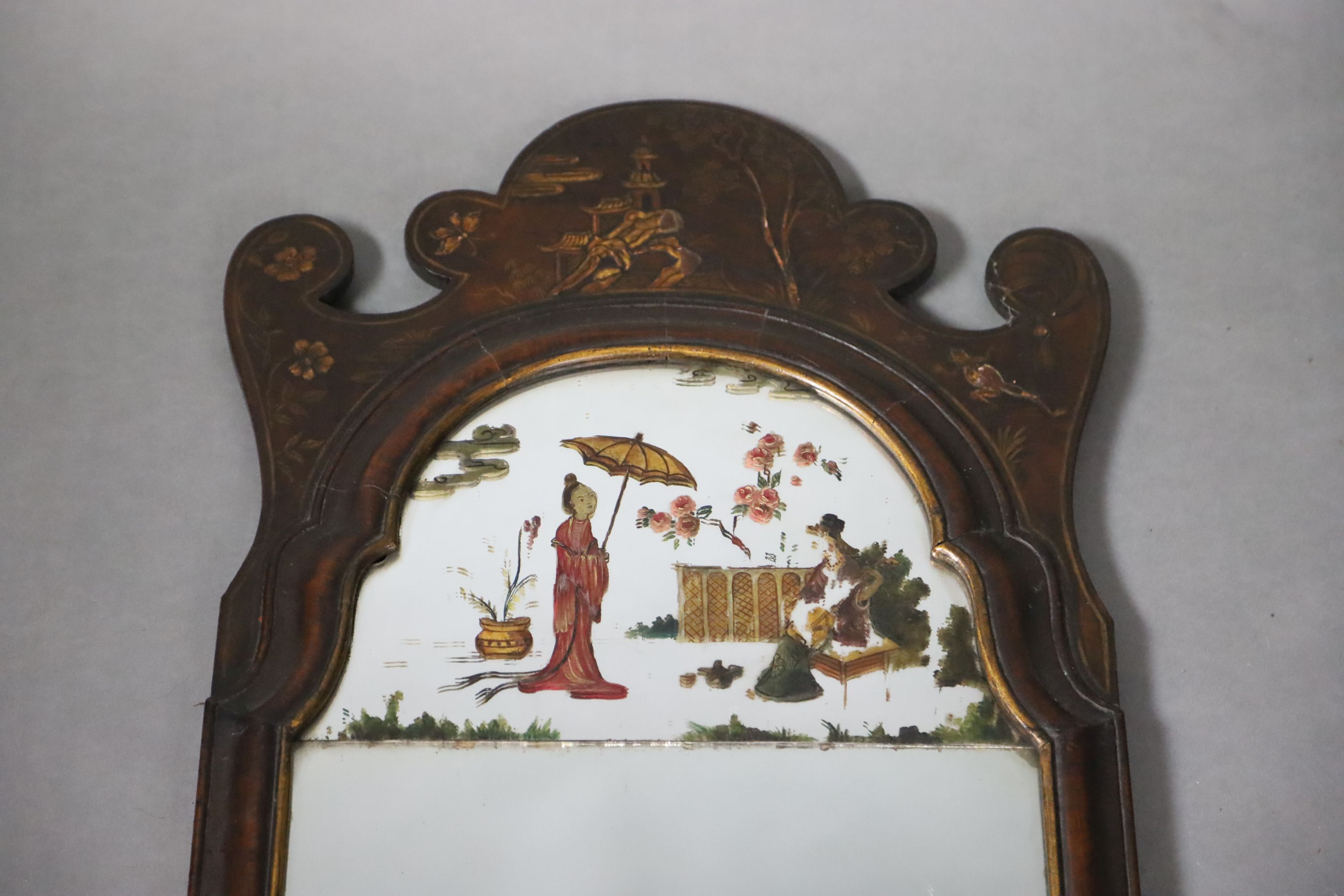 An early 18th century style chinoiserie lacquered walnut wall mirror, with chinoiserie painted glass - Image 2 of 3