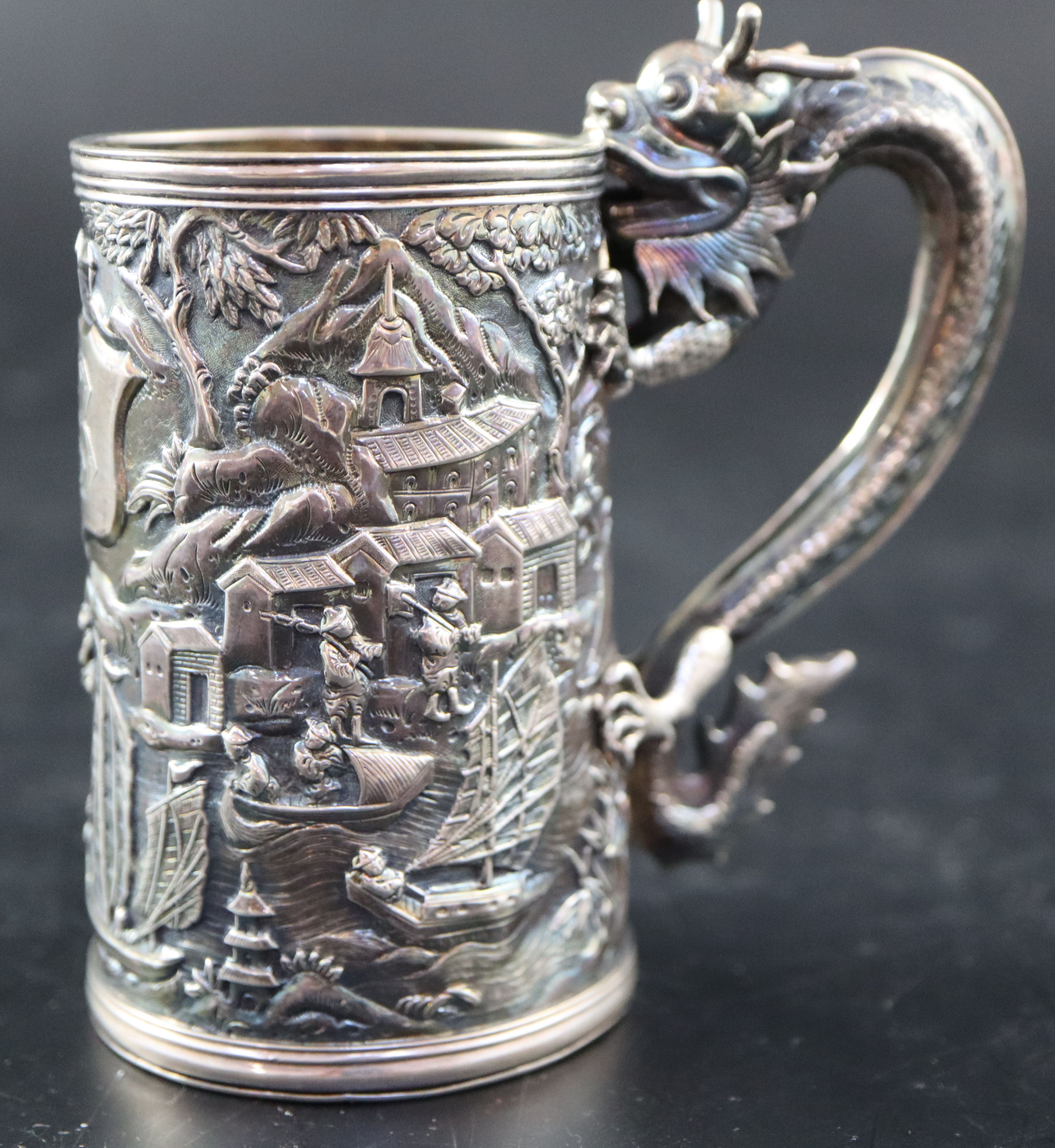 An early 20th century Chinese Export white metal christening mug by Wang Hing, with dragon handle - Image 3 of 9