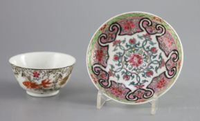 A Chinese Qianlong tea bowl decorated with goldfish, and an associated saucer, diameter 7.5cm and