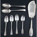 A George III silver fiddle and thread pattern fish slice, London, 1811 and six assorted silver