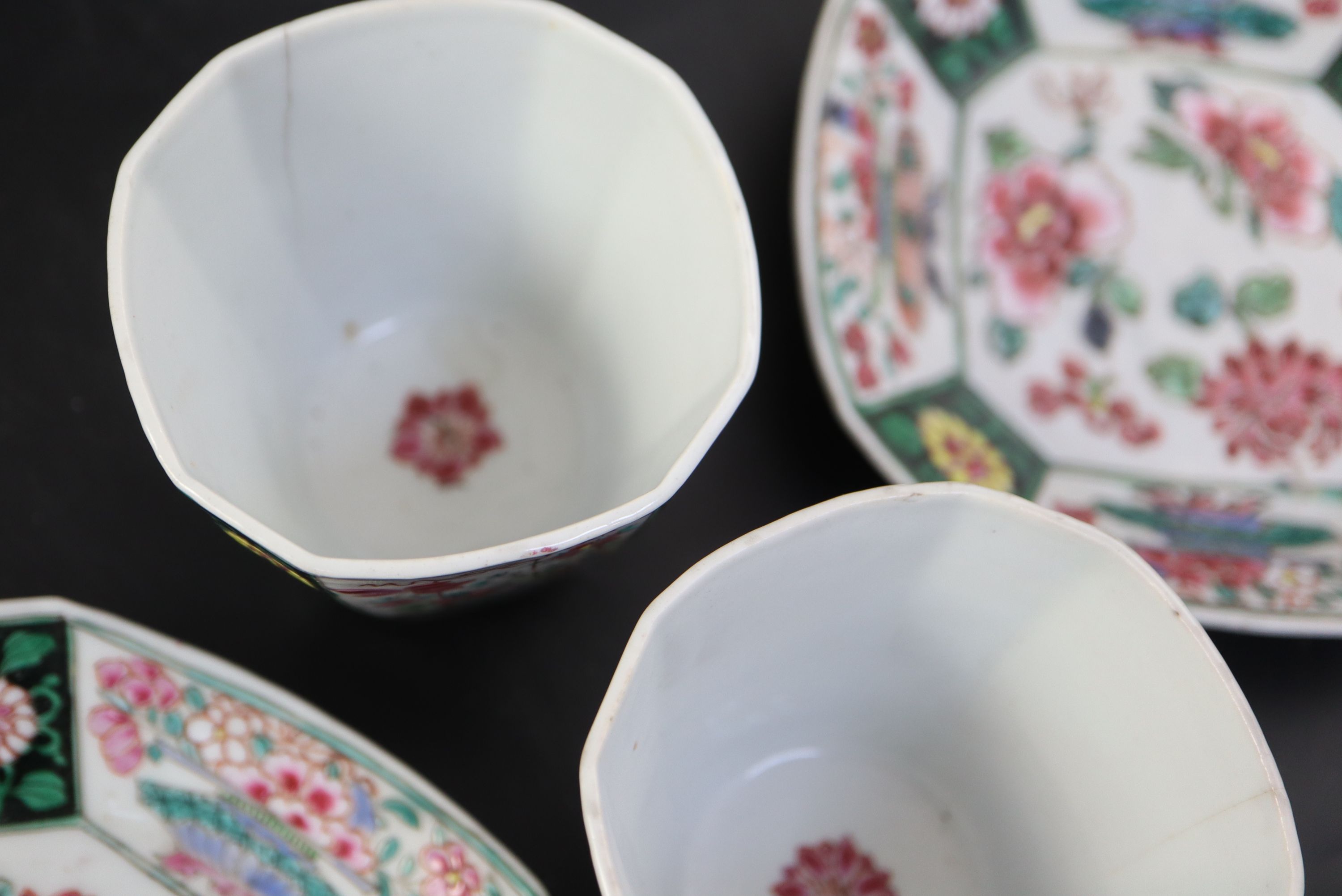 A pair of Chinese Qianlong famille rose octagonal cups and saucers, with panelled floral decoration, - Image 7 of 7