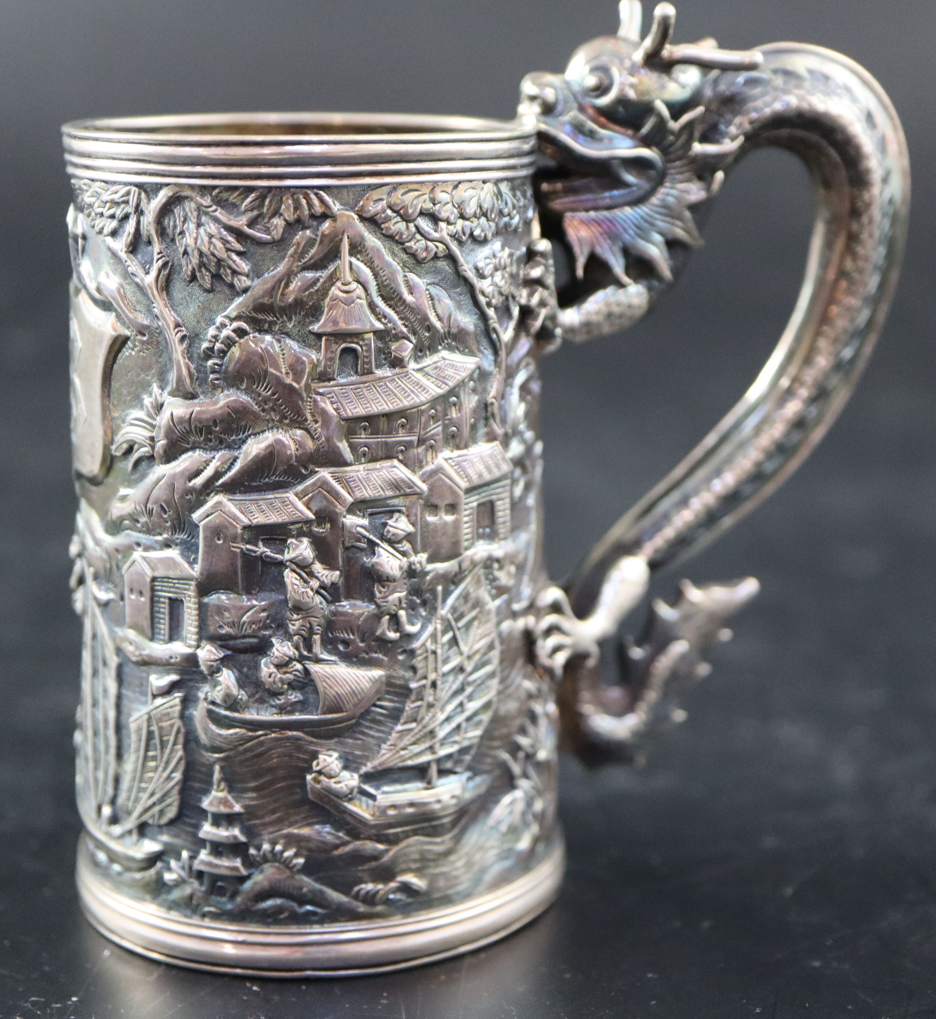 An early 20th century Chinese Export white metal christening mug by Wang Hing, with dragon handle - Image 7 of 9