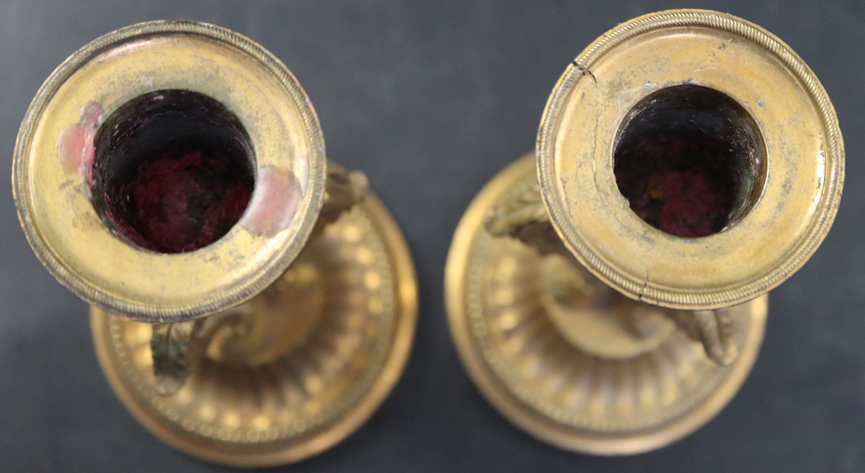 A pair of 19th century French ormolu candlesticks, with acanthus scroll and hoof stems, height - Image 4 of 5