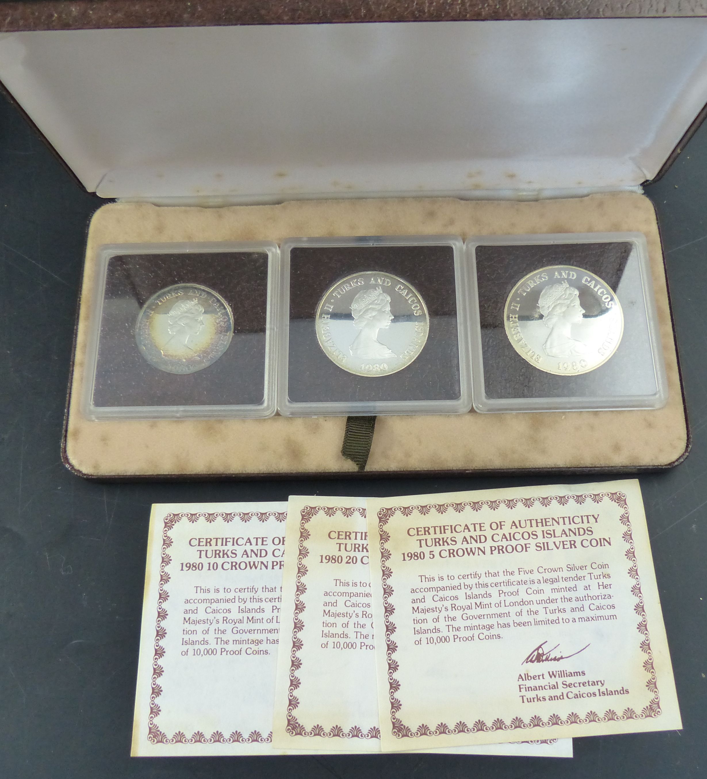 Three Turks and Caicos Islands proof coin sets, 1980 set of four 100 crown proof gold coin with 2010 - Image 8 of 9