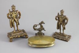 A near pair of William IV bronze figures of a monarch, a Venetian seahorse finial and a brass