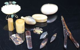 A collection of assorted tortoiseshell, horn and mother of pearl sewing accessories and other