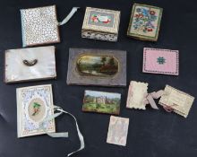 Ten assorted 19th century needle cases including beadwork, reverse painted glass and bone and a