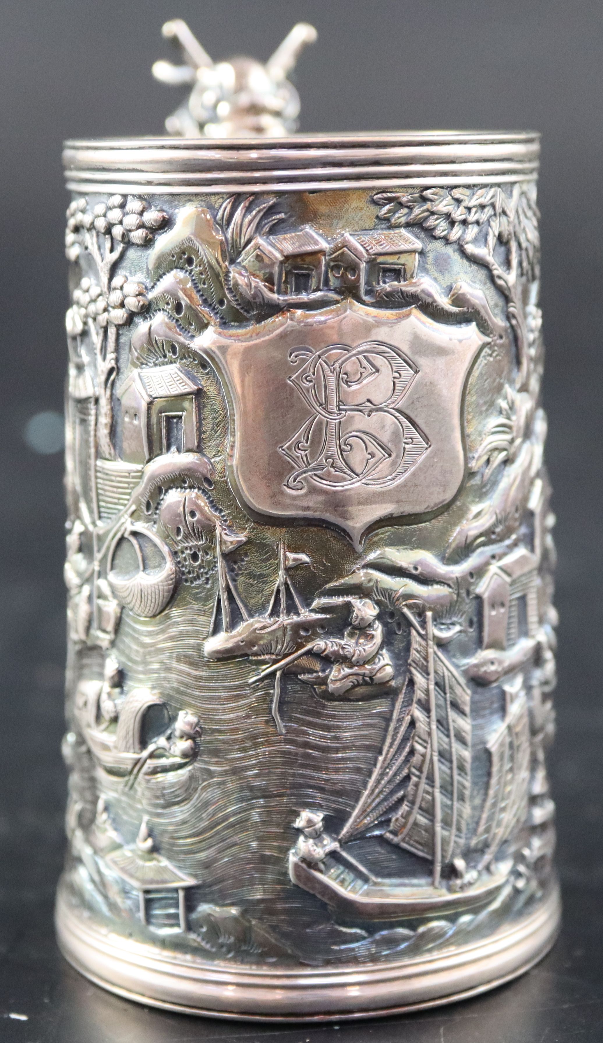 An early 20th century Chinese Export white metal christening mug by Wang Hing, with dragon handle - Image 2 of 9