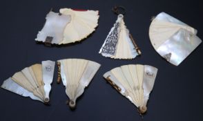 Six 19th century Palais Royale mother of pearl mounted dance cards and note cases including fan