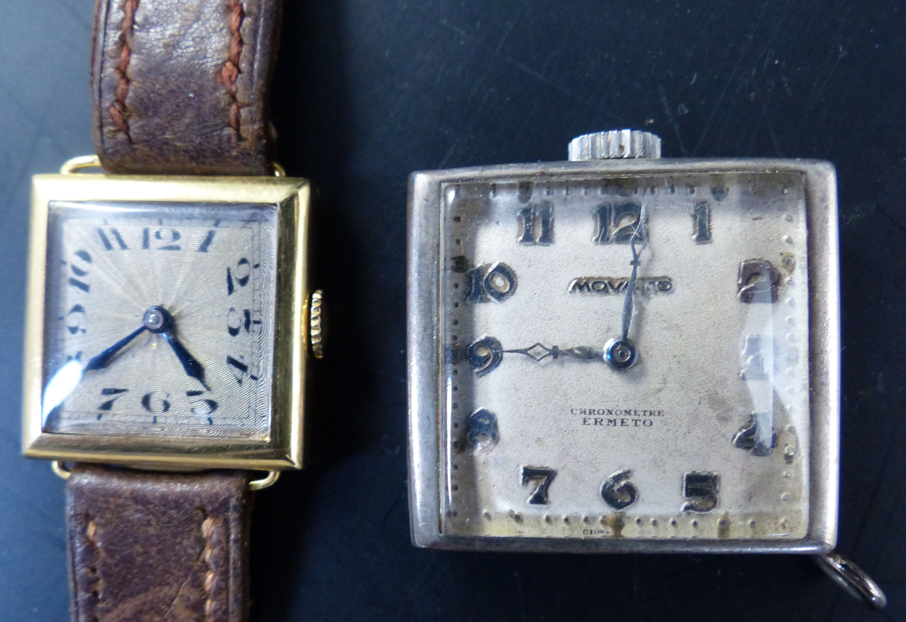 A 1920's lady's 18ct gold square dial manual wind wrist watch, 21mm, gross 14.8 grams and a white