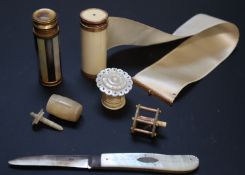 Four 19th century Palais Royale mother of pearl and ivory tape measures and two other