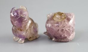 A Chinese amethyst rose quartz carving of a dog of Fo and a scent bottle and stopper, carved as a