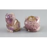 A Chinese amethyst rose quartz carving of a dog of Fo and a scent bottle and stopper, carved as a