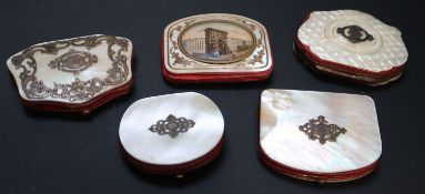 Five assorted 19th century Palais Royale mother of pearl mounted purses, one decorated with a