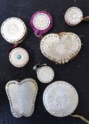 Eight assorted 19th century mother of pearl mounted pin cushions including Cantonese and Palais