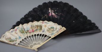 An early 19th century English bone, ivory and chicken skin fan, painted with pastoral lovers, a