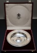 A cased modern silver Armada dish by Asprey & Co, with engraved crest and inscription, London, 1985,