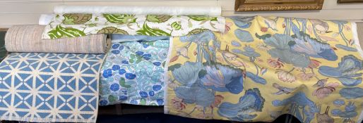 A collection of unused David Hicks fabric including a long roll of 1.3 metre wide blue floral fabric