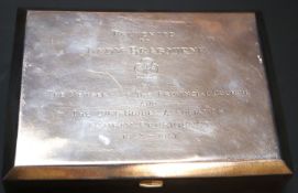 An Indian white metal cigarette box, with engraved 1937 inscription dated 1937 to Lady Brabourne,