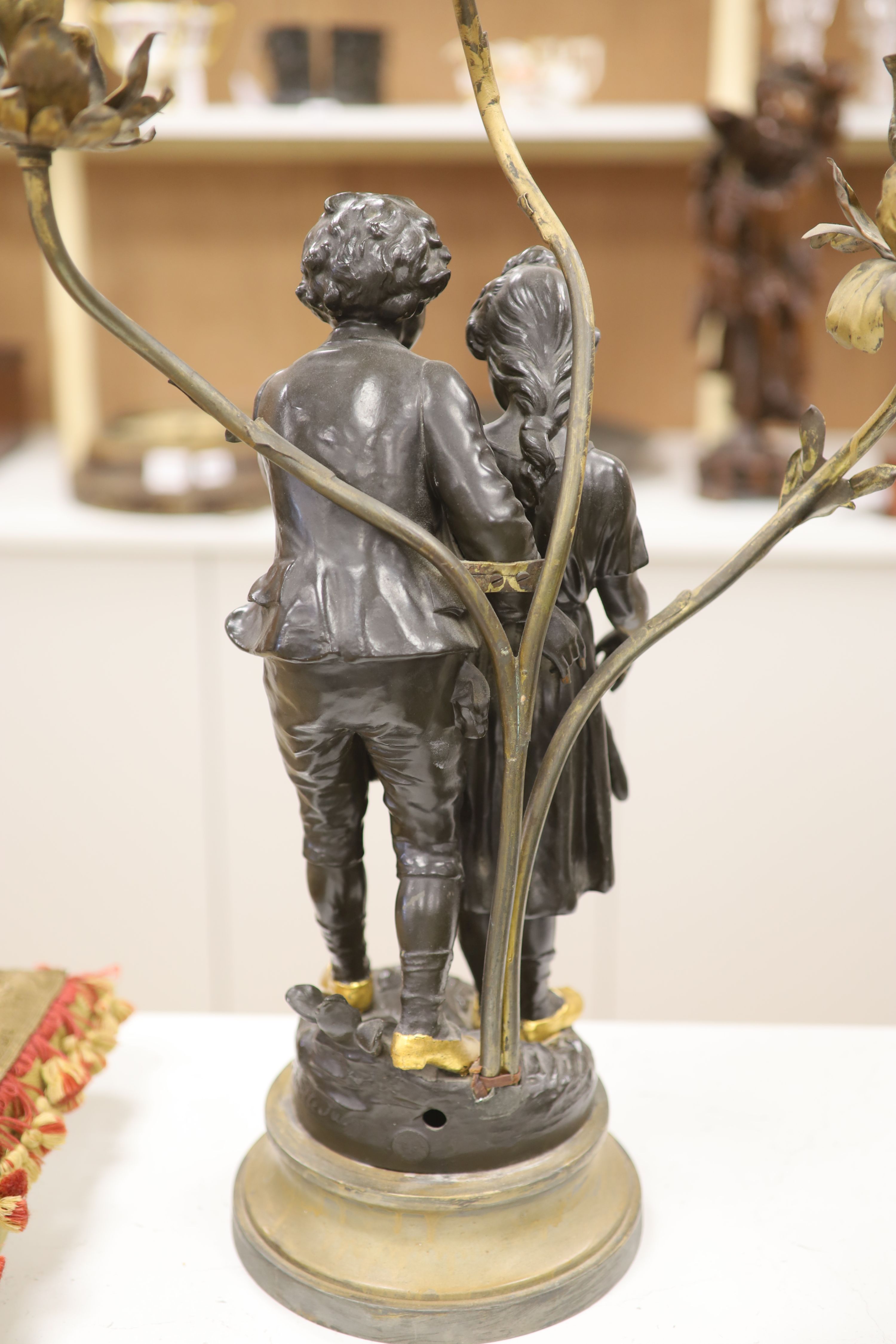 A spelter figural three branch candelabra, height 71cm - Image 4 of 6