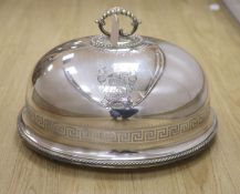 A Victorian electro-plated meat cover by Elkington having Greek key pattern and armorial, with