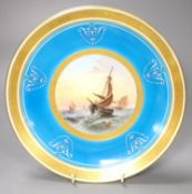 A Minton fine plate with two tooled gilt borders painted with sailboats in choppy water surrounded