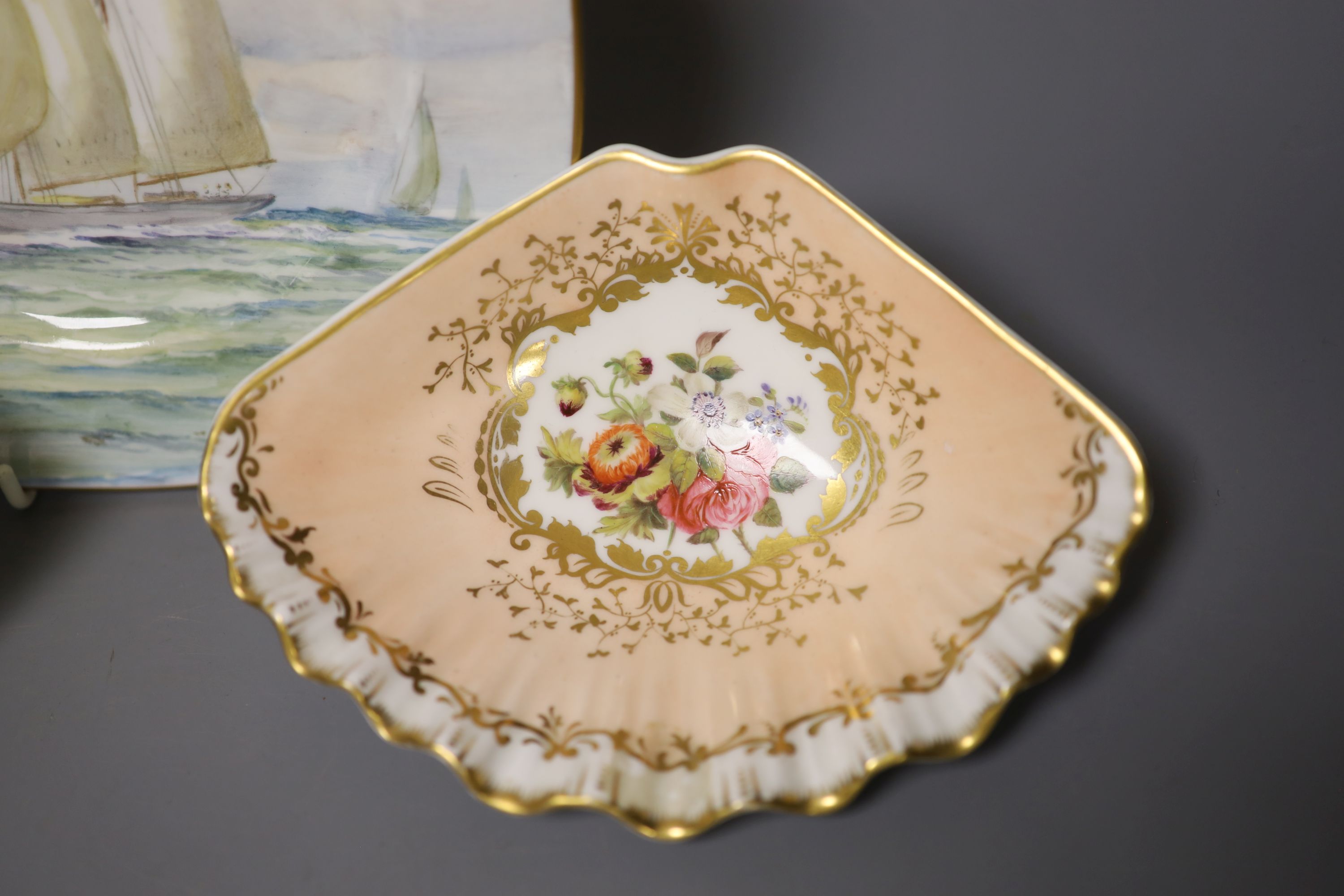 A Royal Crown Derby square shaped plate, painted with a yachting scene by WEJ Dean, and pair of - Image 3 of 7