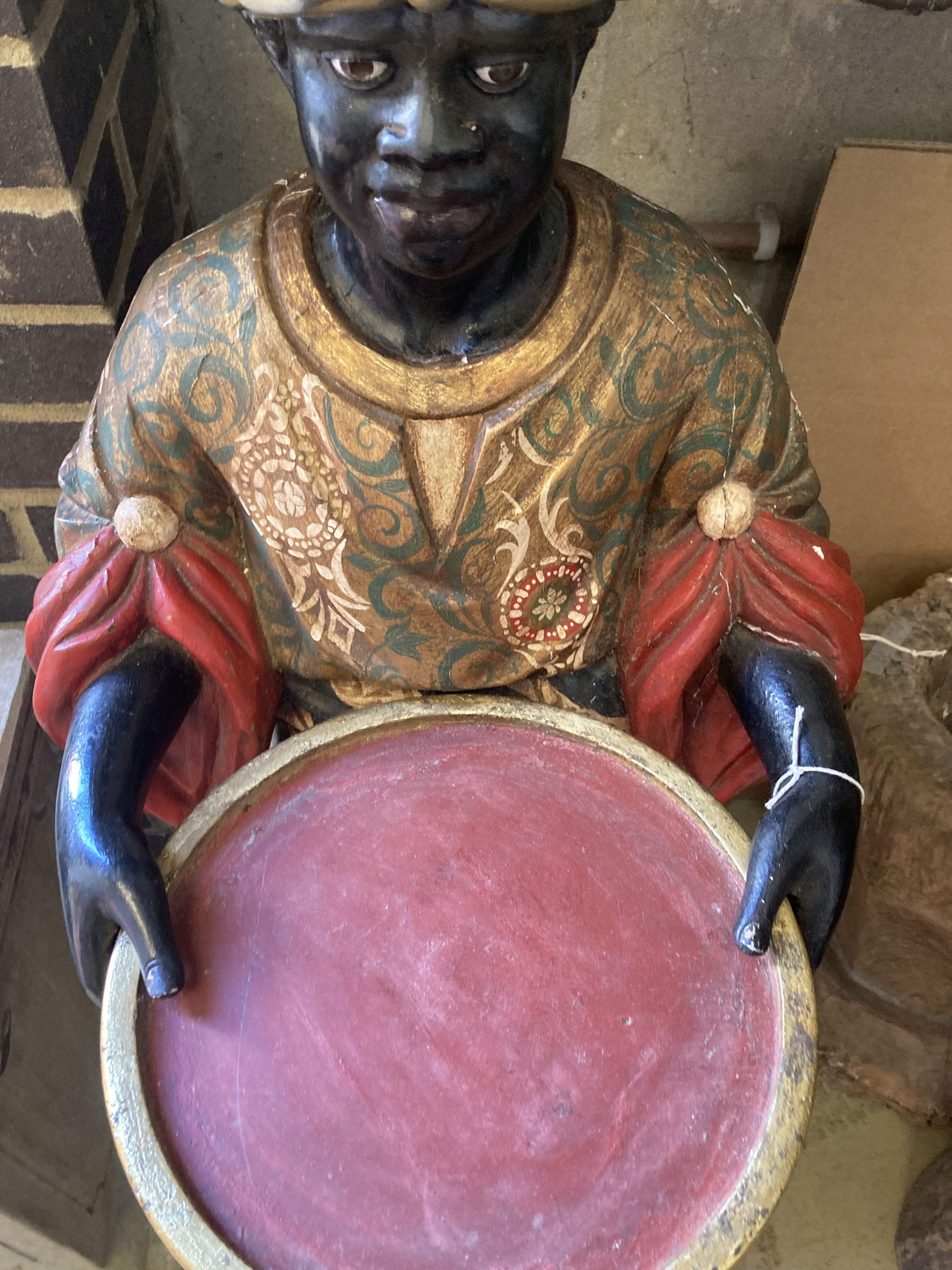 A carved, painted and gilded wood figural dumb waiter, modelled as a Blackamoor wearing a turban and - Image 3 of 5