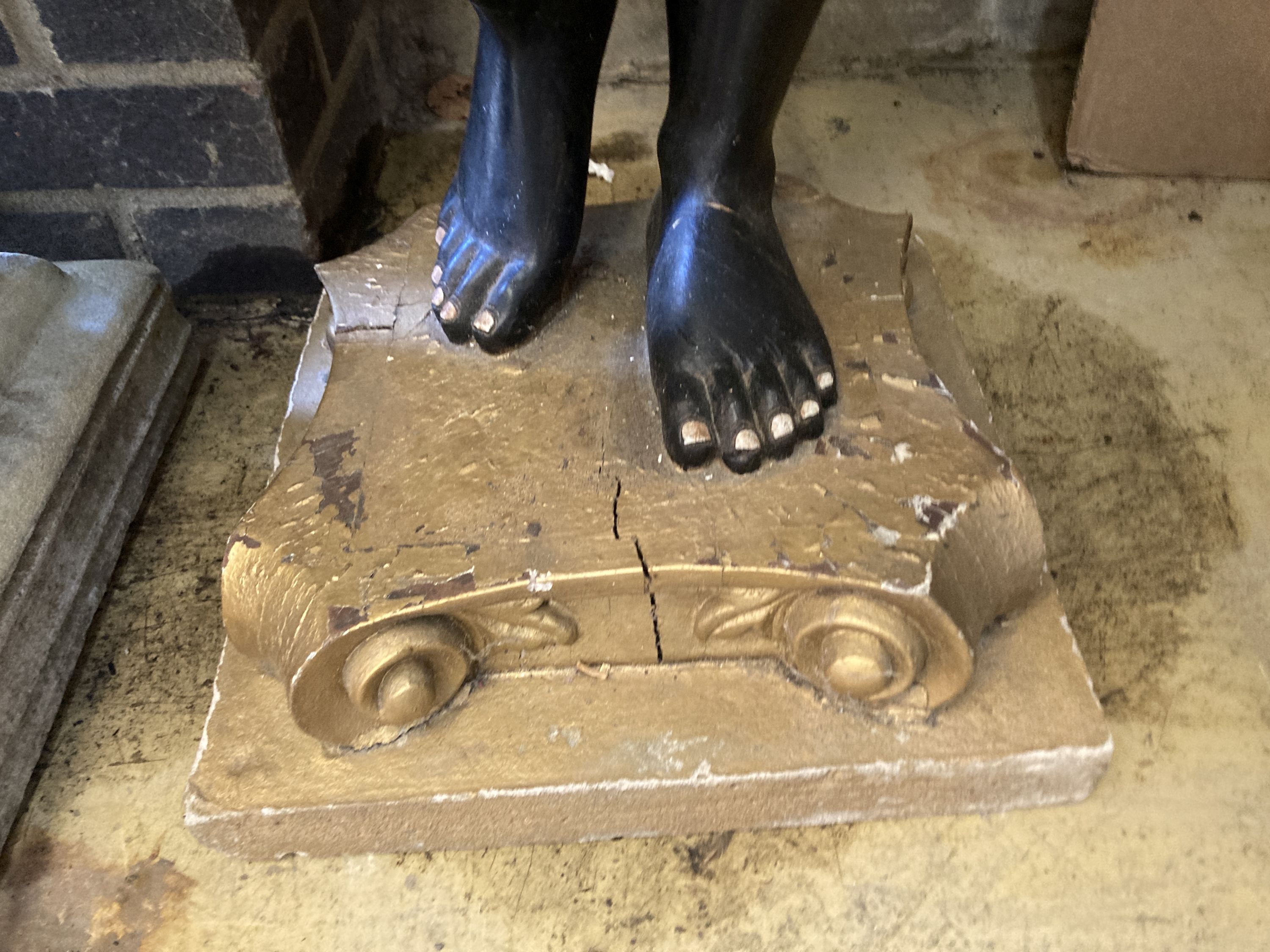 A carved, painted and gilded wood figural dumb waiter, modelled as a Blackamoor wearing a turban and - Image 5 of 5