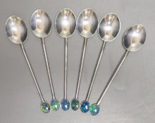 A set of six sterling coffee spoons with faux black opal set terminals, 92mm, gross weight 43