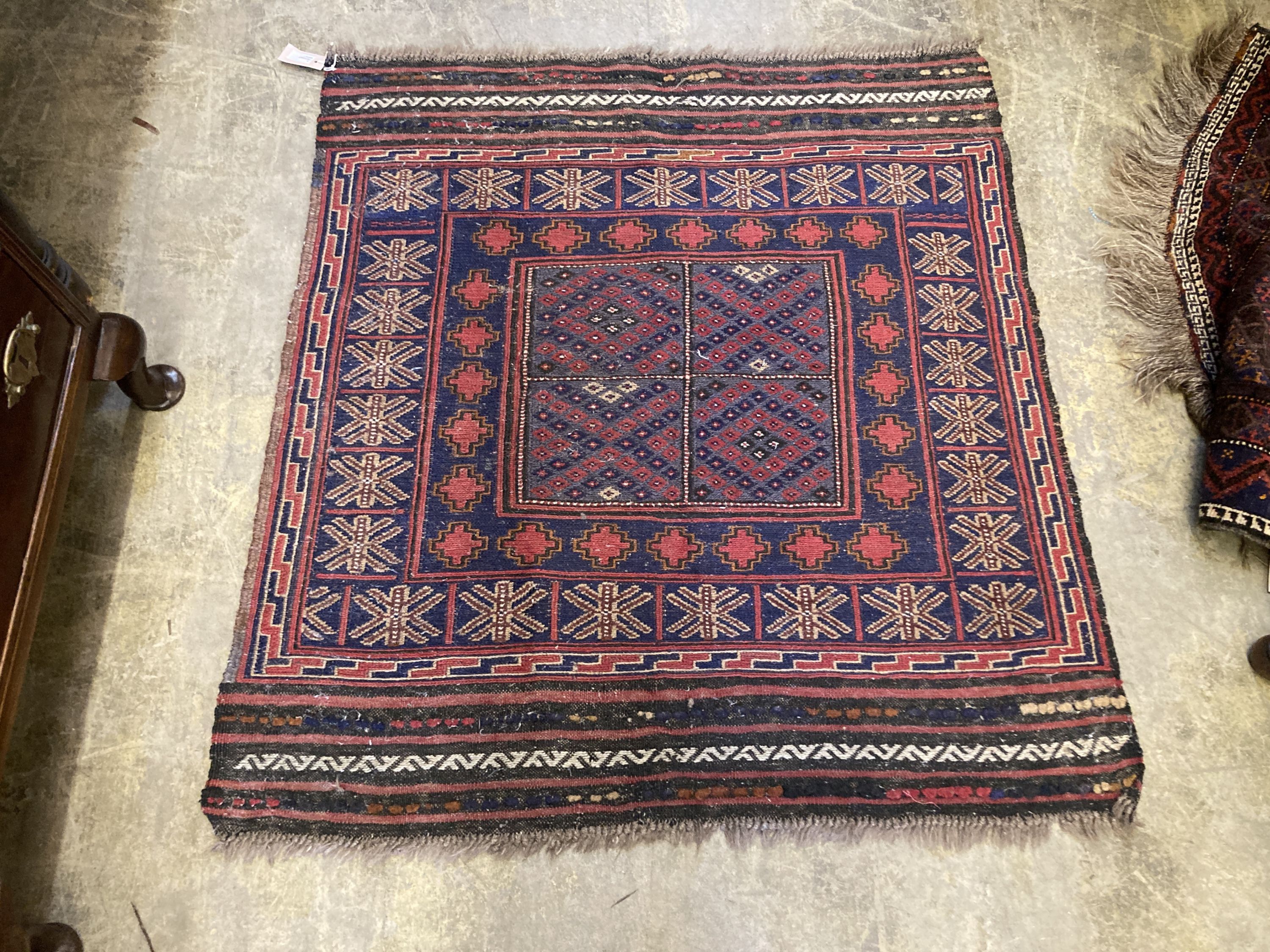 Two small Belouchi red ground rugs and two Kilim style rugs, 112 x 92.5cm and similar - Image 3 of 5