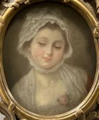 After Greuze, pastel, L'Accorde de Village, 20 x 16cm, ornate gilt frame