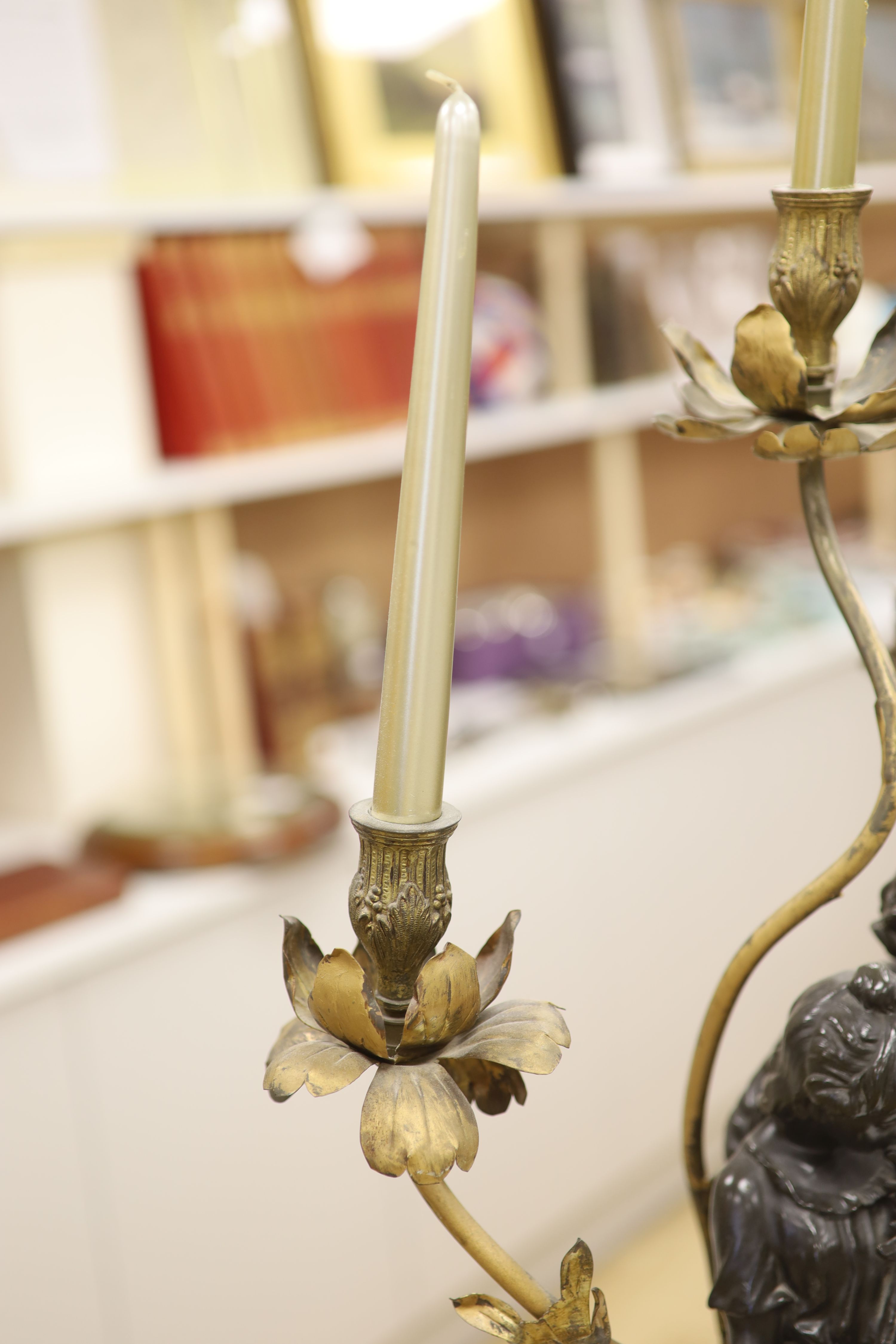 A spelter figural three branch candelabra, height 71cm - Image 3 of 6