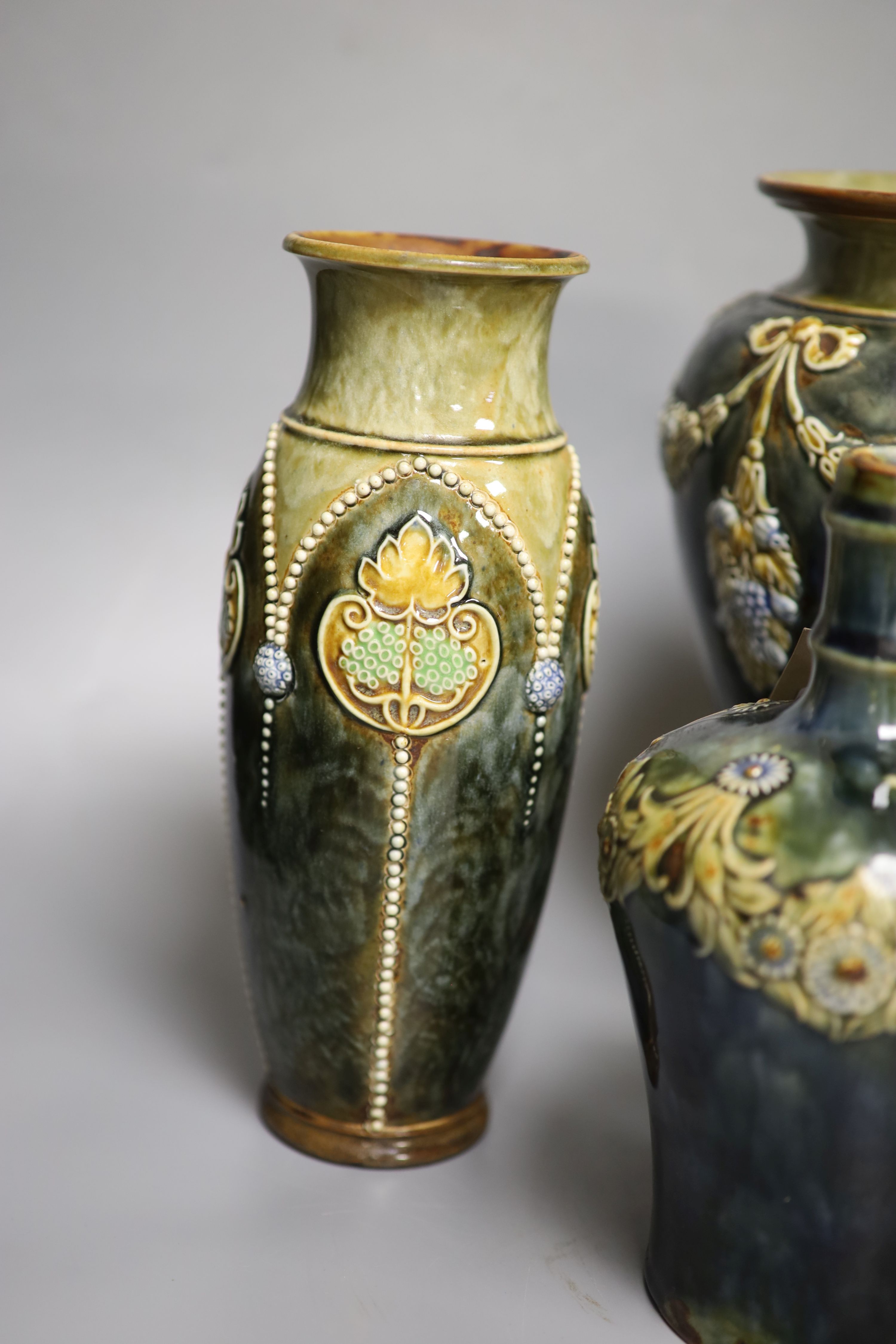 A pair of Royal Doulton vases, a similar larger vase and a small flagon - Image 4 of 5