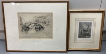 An early 20th century etching of the Rialto Bridge, Venice, indistinctly signed, 22 x 30cm and a