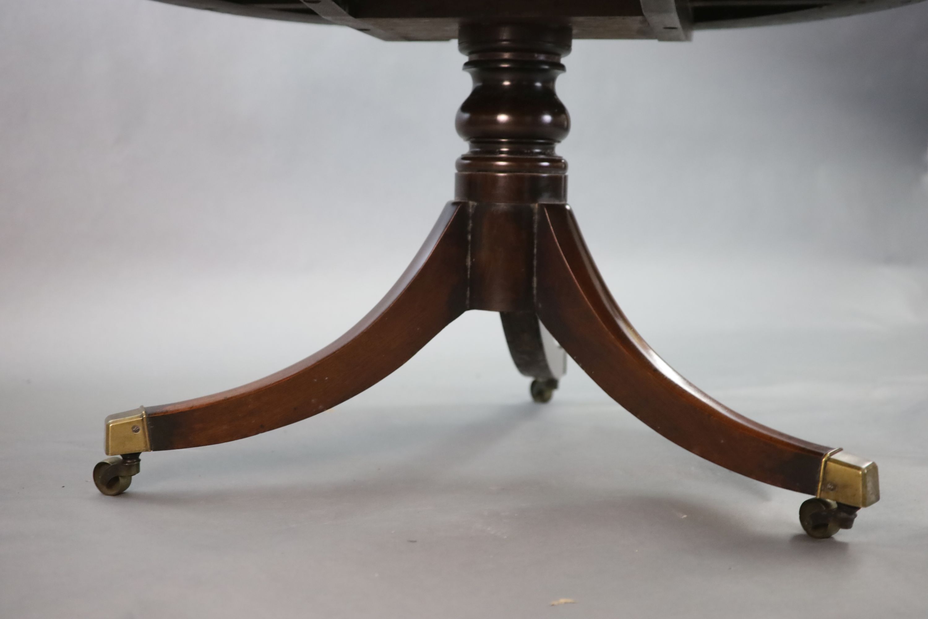 A Regency mahogany drum top library table, fitted four frieze drawers on ring turned stem and - Image 3 of 6