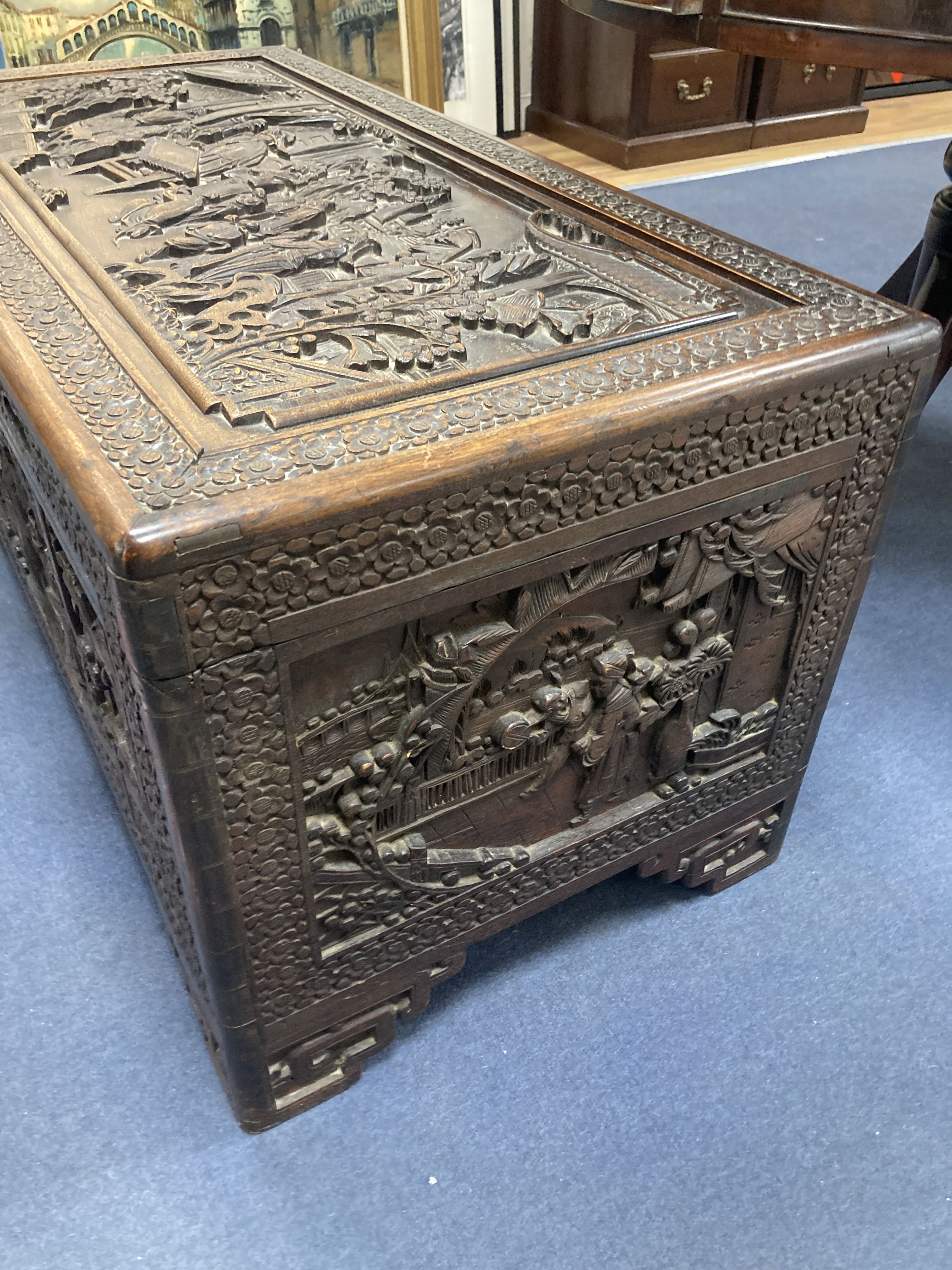 A carved camphorwood blanket box, length 101cm, depth 50cm, height 50cm - Image 3 of 5