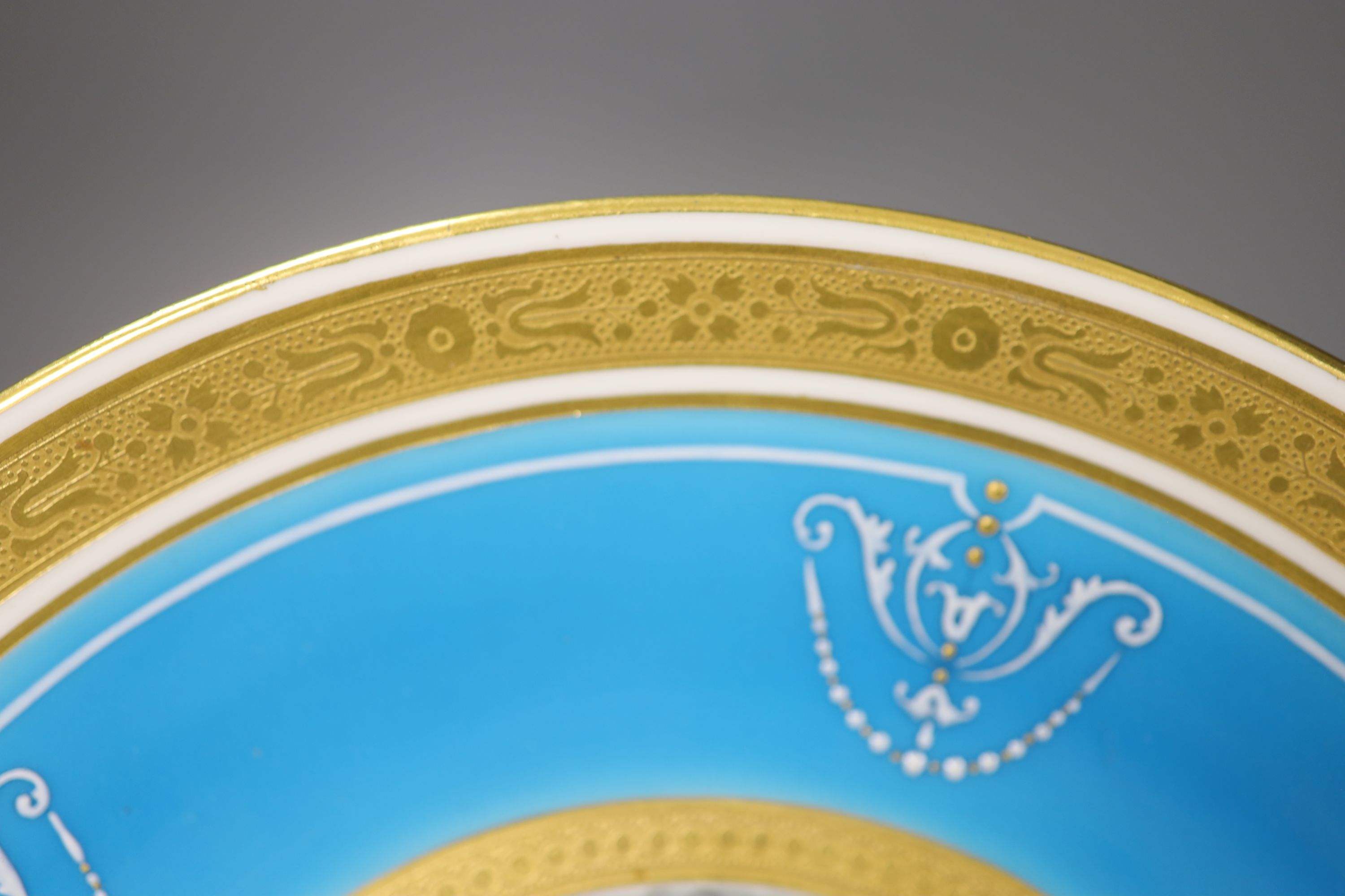 A Minton fine plate with two tooled gilt borders painted with sailboats in choppy water surrounded - Image 2 of 3