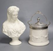 A Parian bust of a lady, height 29.5cm, and a Victorian biscuit barrel with plated mount and cover