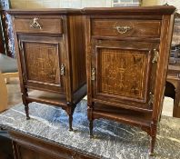 A pair of Edwardian marquetry inlaid rosewood bedside cupboards, width 39cm, depth 38cm, height