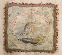 A 19th century Aubusson cushion depicting a cat chasing a mouse, approx. 50cm sq.