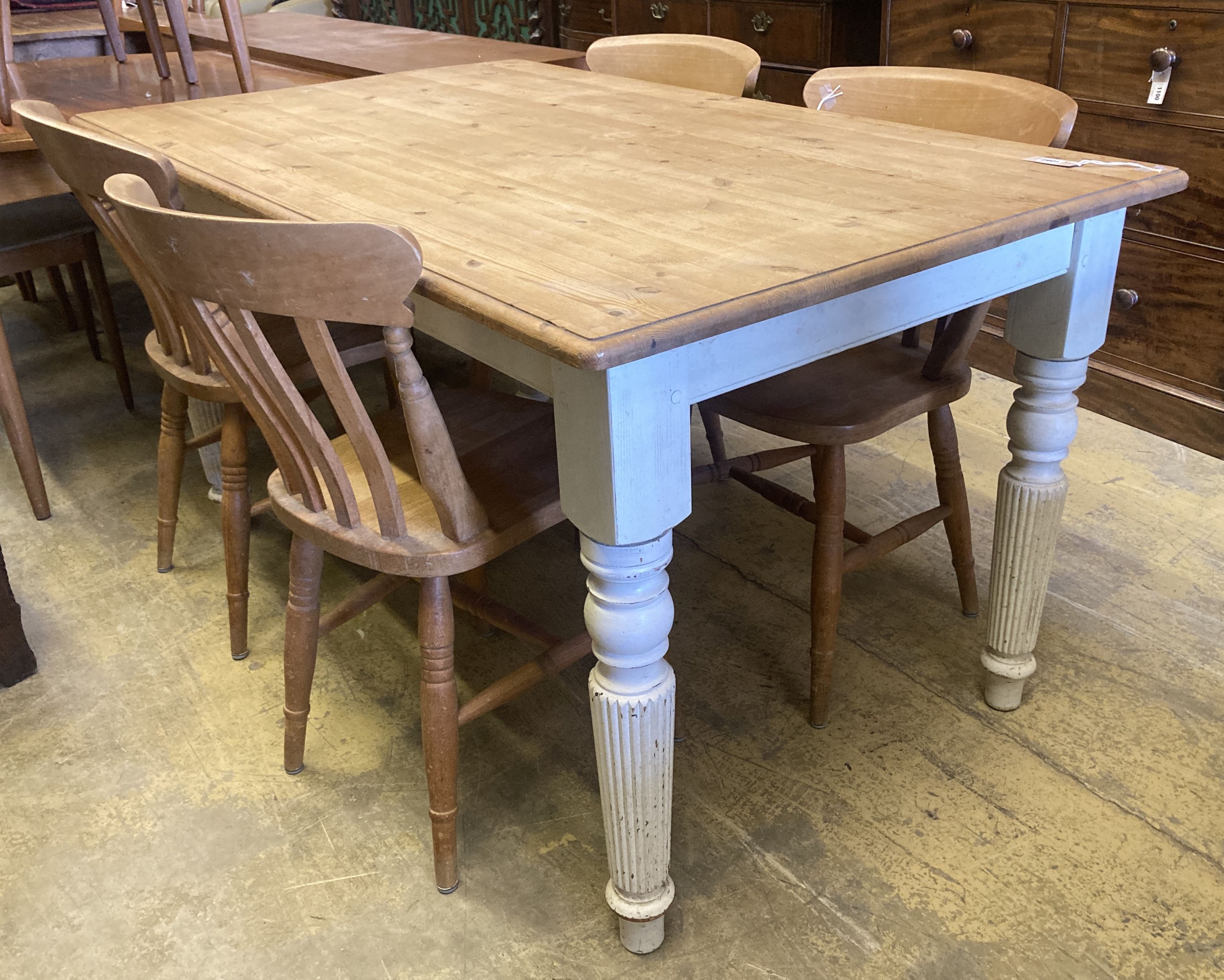 A Victorian style rectangular painted pine kitchen table, length 150cm, depth 90cm, height 79cm