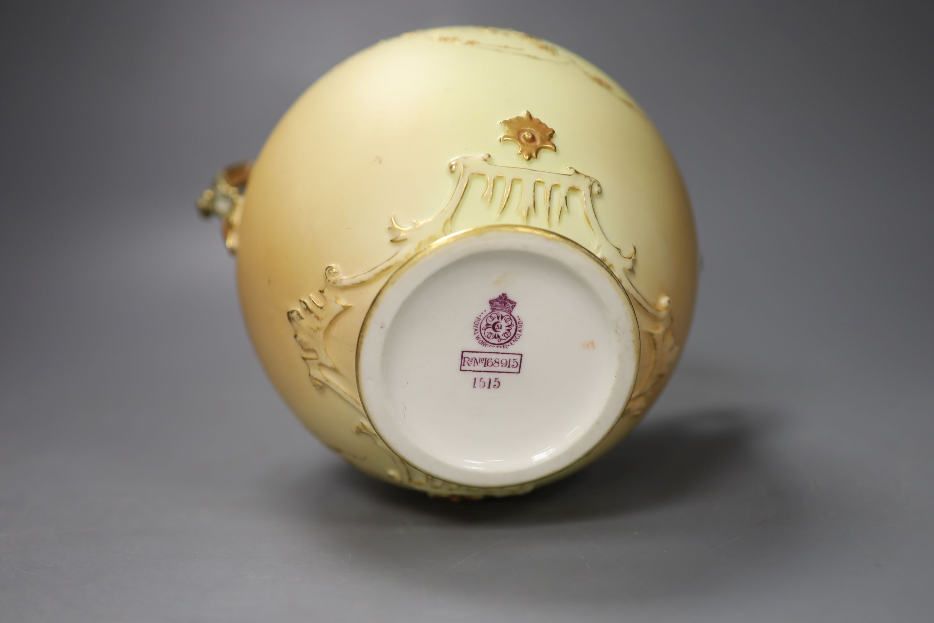 A Royal Worcester two handled ovoid vase moulded and gilded with flowers on a blush ivory ground, - Image 5 of 5