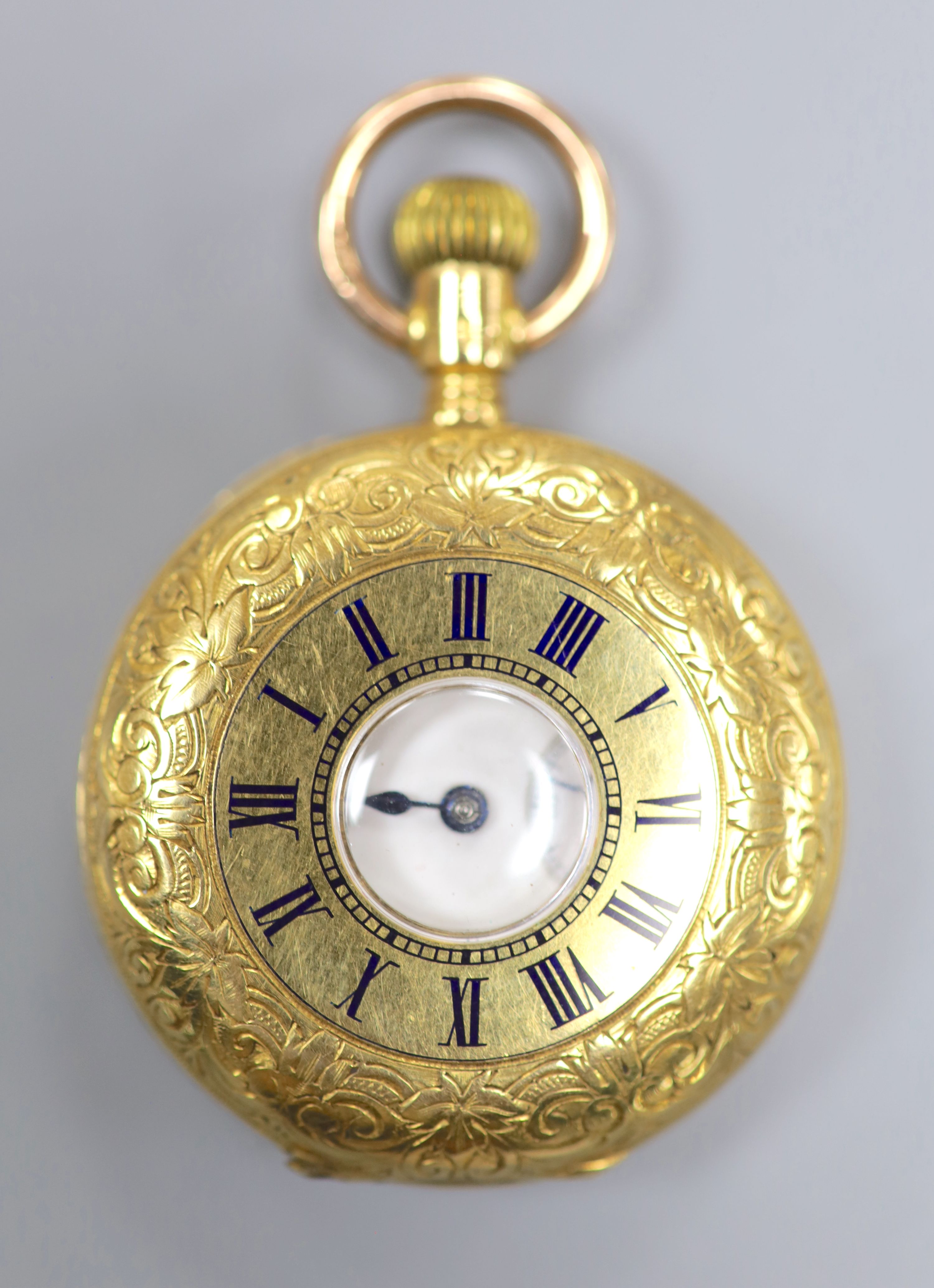 An American Waltham engraved 18ct yellow metal half hunter fob watch, case diameter 32mm, gross 44.5