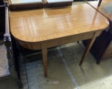 A George III Sheraton style satinwood D shaped table, fitted frieze drawer, width 106cm, depth 60cm,