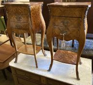 A pair of Louis VIX style parquetry and inlaid kingwood petit commodes (damage), width 34cm, depth