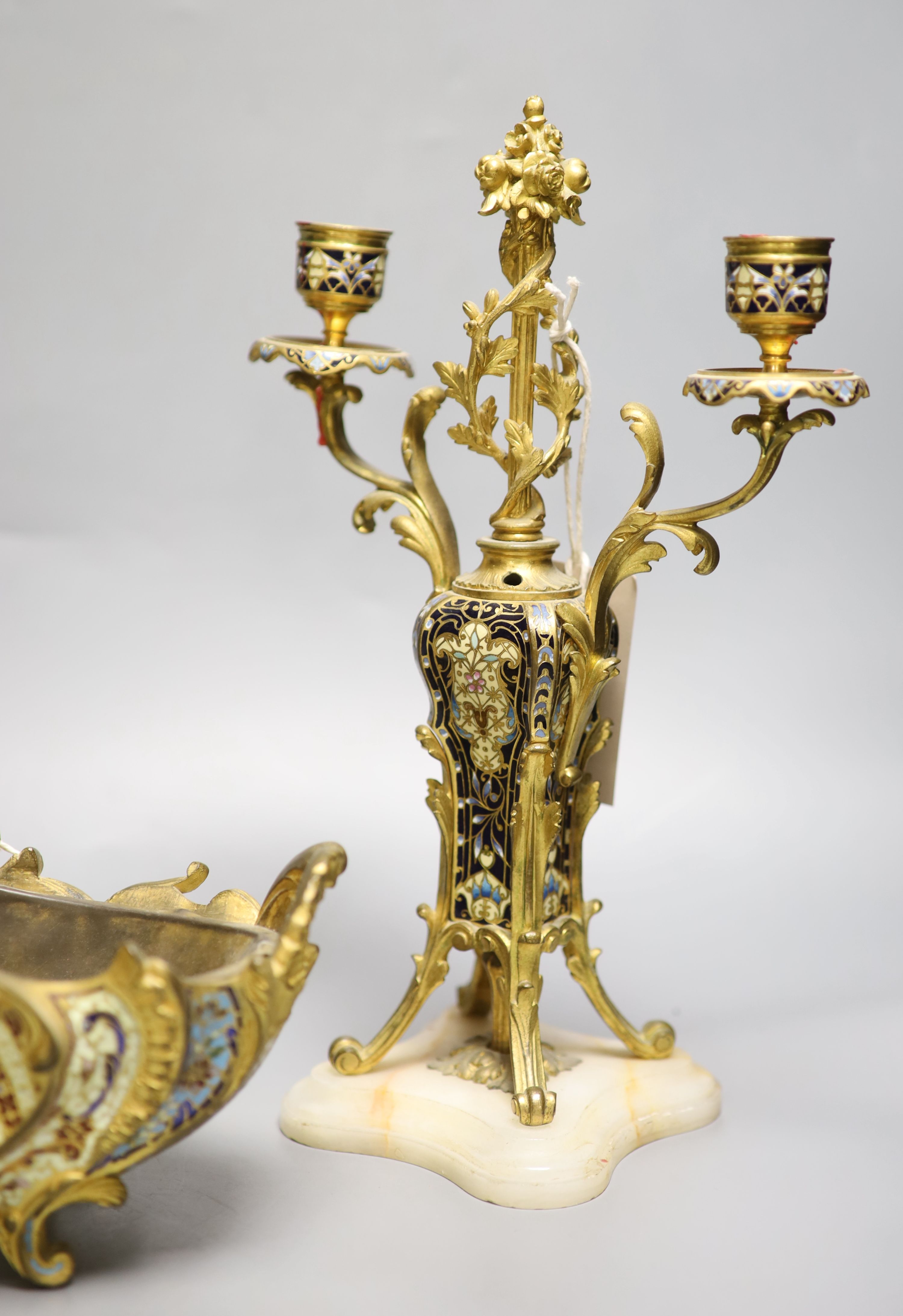 A pair of champleve enamel and alabaster candelabra, height 28cm and a similar jardiniere - Image 4 of 4