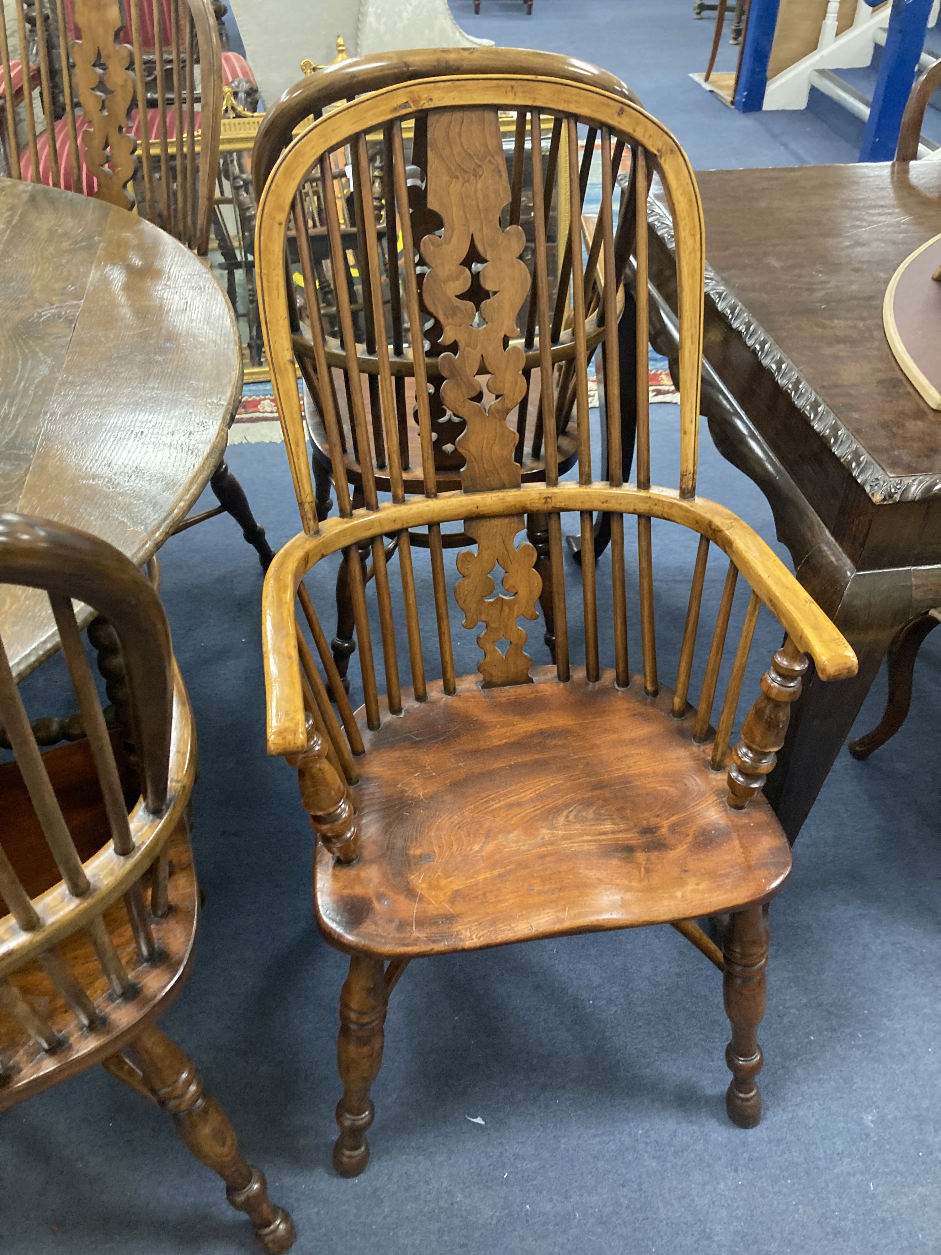 A set of eight 19th century and later Yorkshire area yew, elm and ash Windsor armchairs - Image 5 of 6